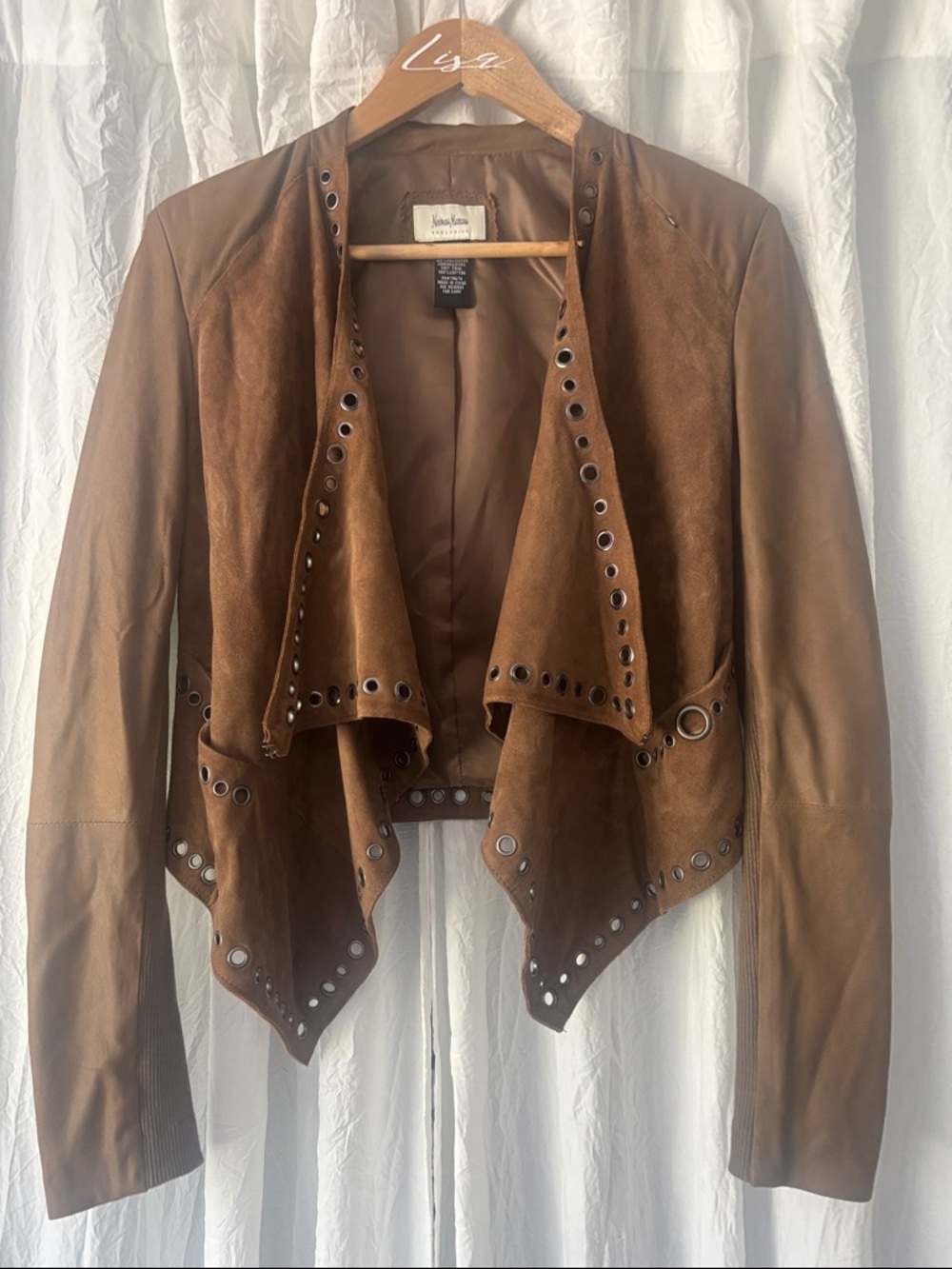 Neiman Marcus Brown Leather & Suede Eyelet-Trim Draped Jacket